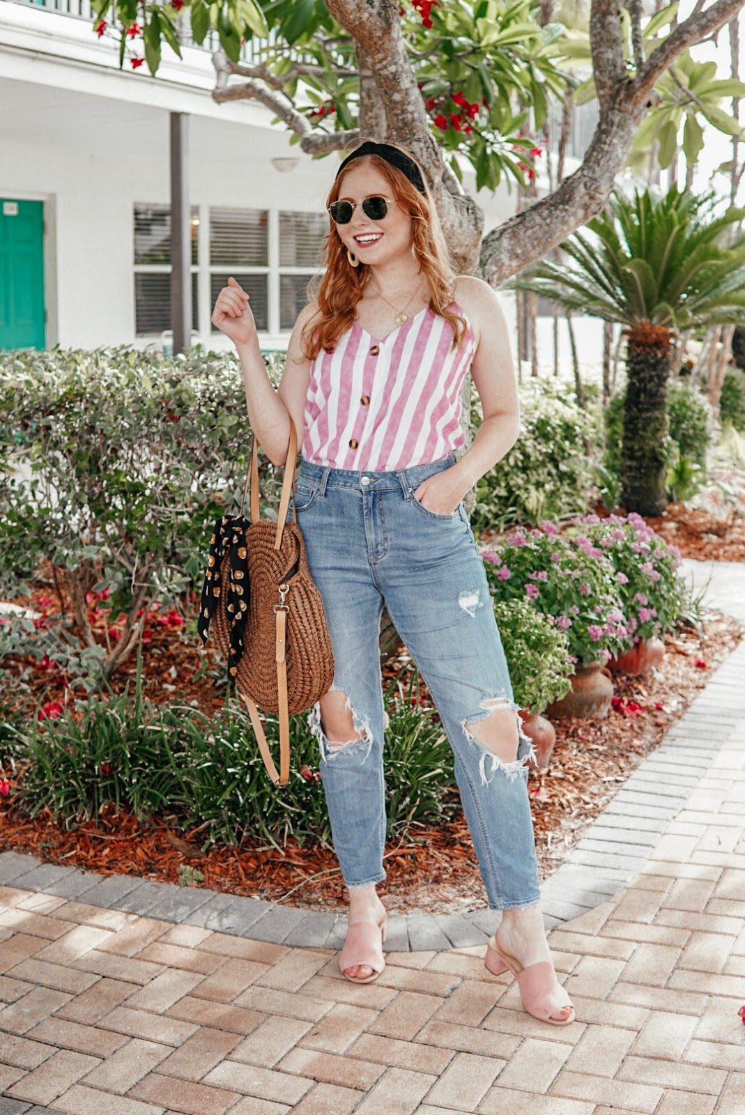Ripped Mom Jeans with a Striped Tank and Block Heels Ripped Mom Jeans with a Striped Tank and Block Heels