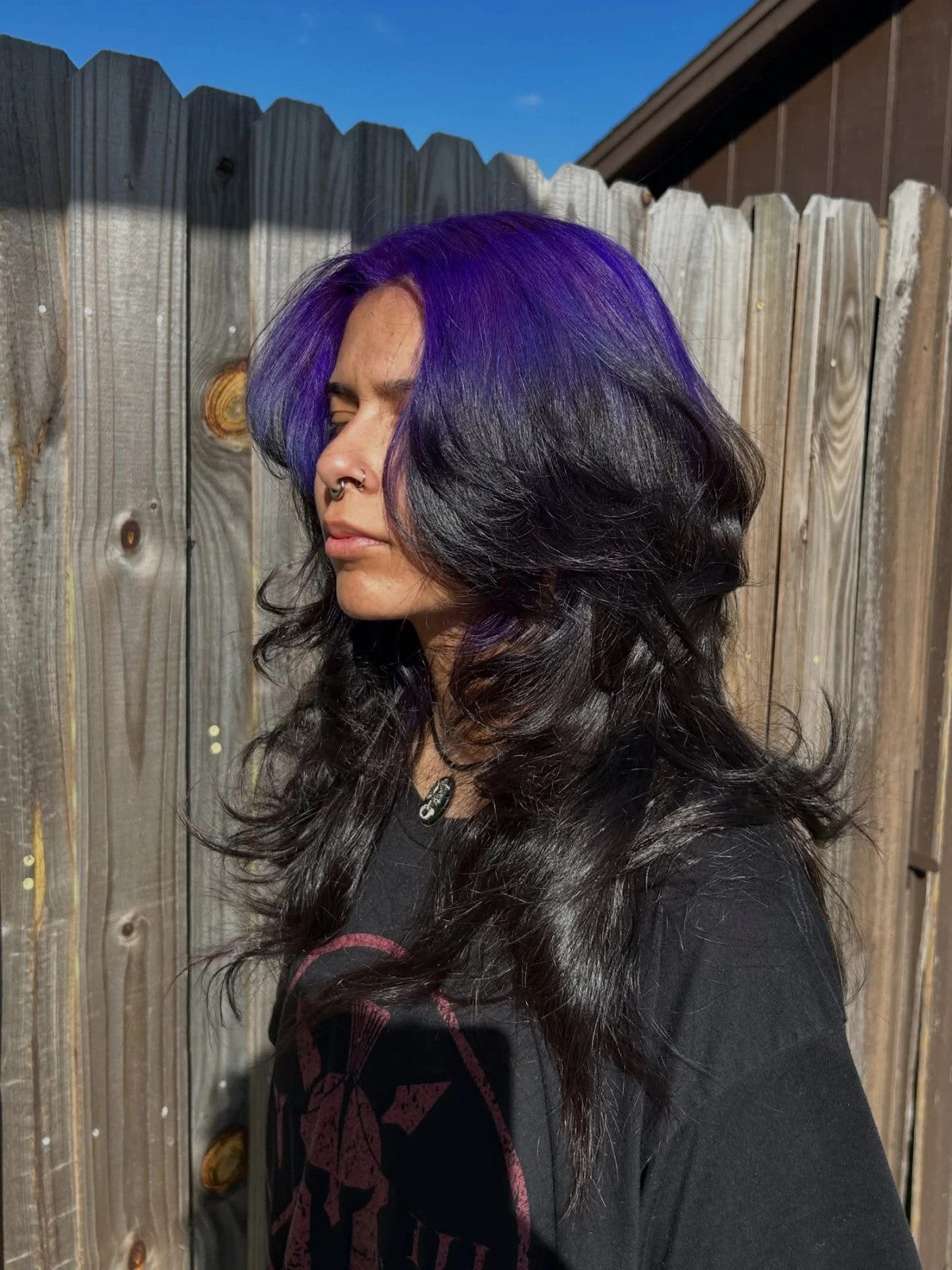 Wavy Black with Purple Highlights and Side Bangs Wavy Black with Purple Highlights and Side Bangs — Purple Highlights on Black Hair