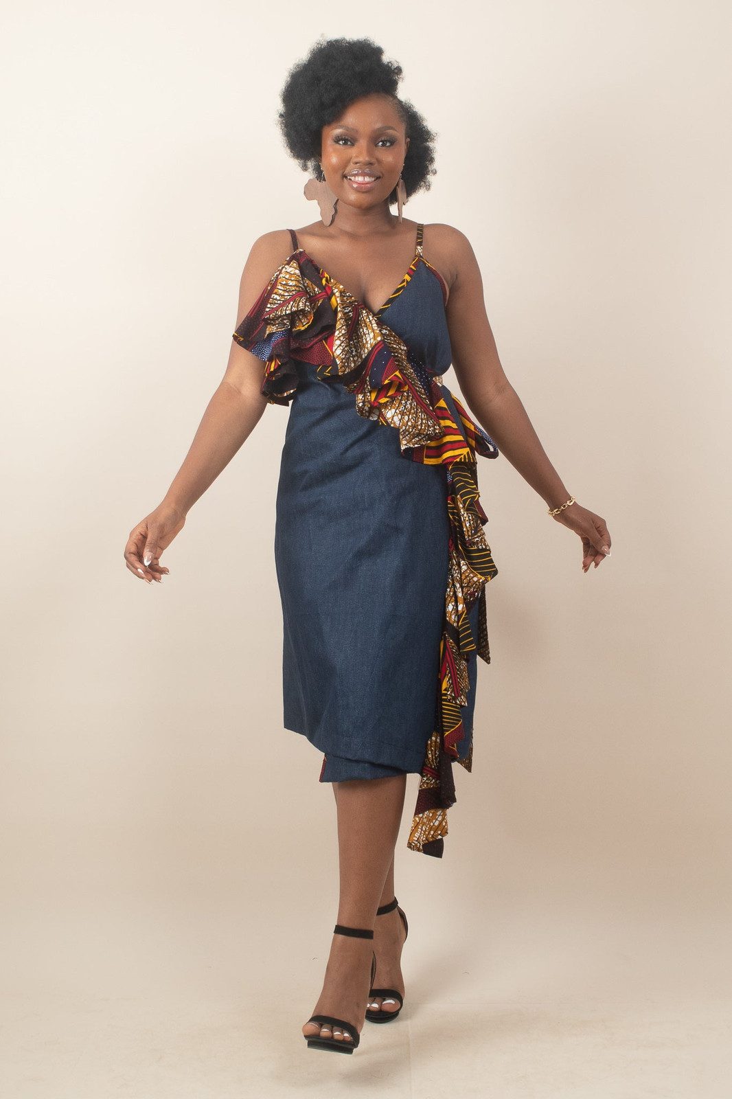 Denim Dress with Asymmetrical Ankara Ruffle Accent Denim Dress with Asymmetrical Ankara Ruffle Accent — Ankara Outfits