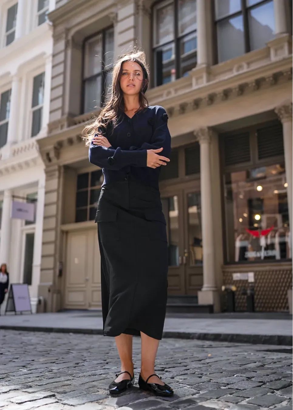 Black Midi Cargo Skirt with Navy Cardigan — Cargo Skirts