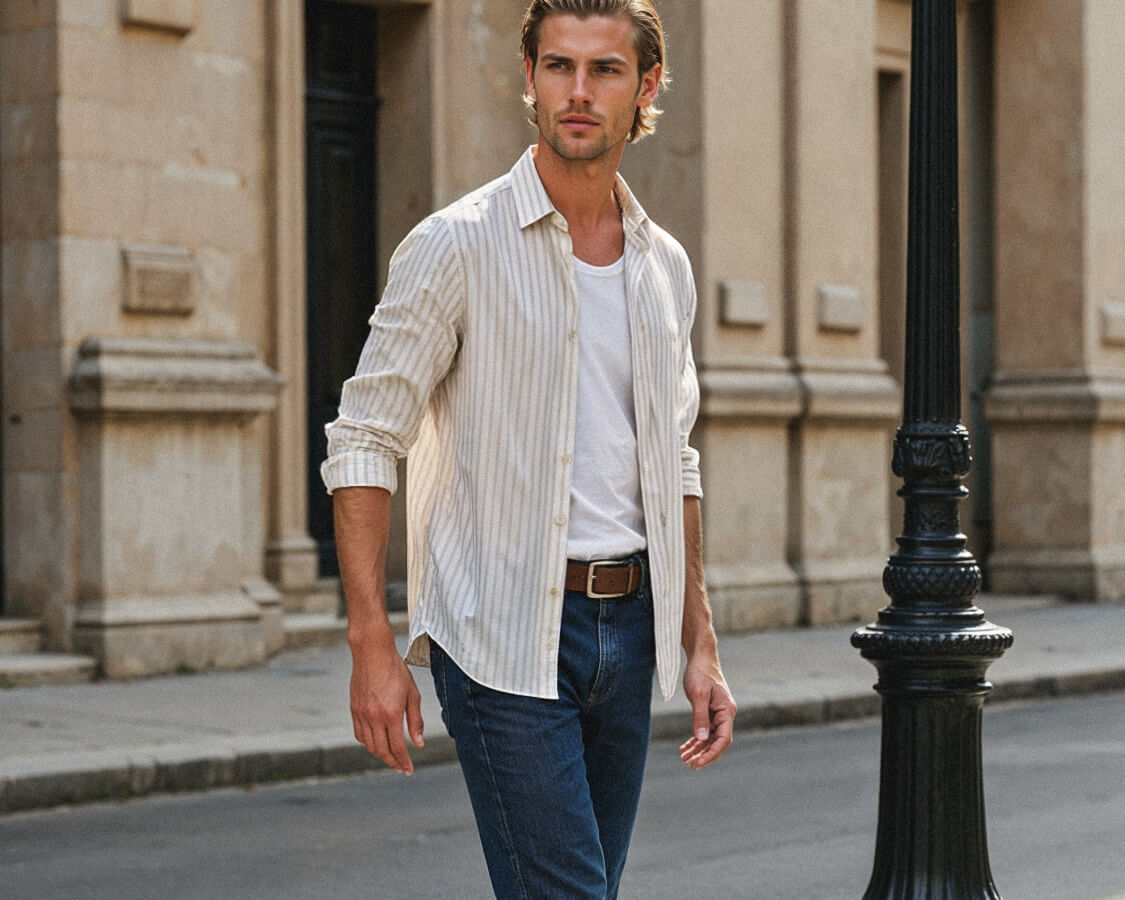 Relaxed Layering: Striped Shirt Over White Tee and Jeans Relaxed Layering: Striped Shirt Over White Tee and Jeans — Outfits for Men Over 40