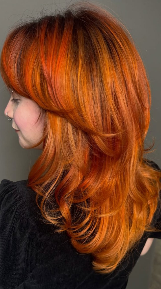 Fiery Orange Shag With Full Bangs Fiery Orange Shag With Full Bangs — Orange Hair