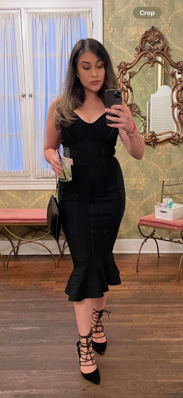 Midi Dress with Ruffled Hem and Lace-Up Heels — Black Tie Optional Outfits