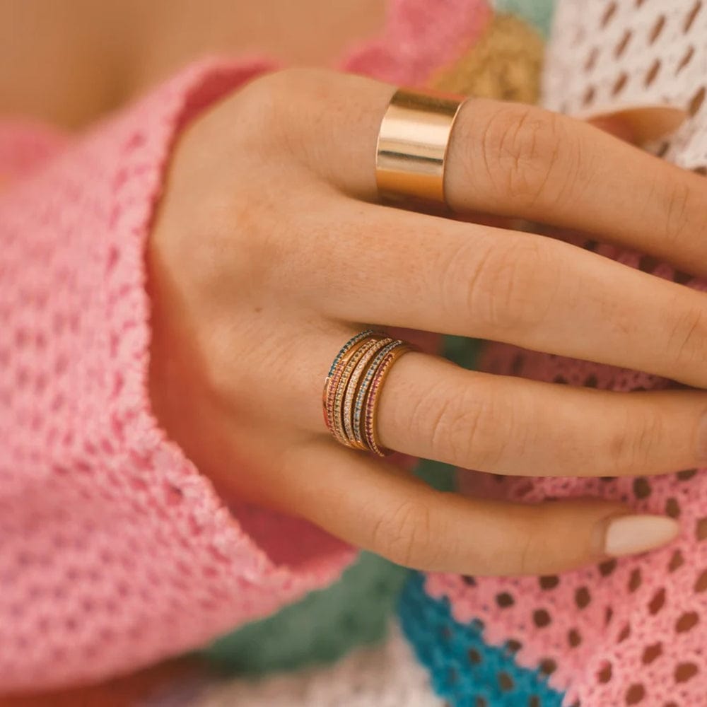 Colorful Gemstone Stack with Pink Knit Colorful Gemstone Stack with Pink Knit — Stacked Rings