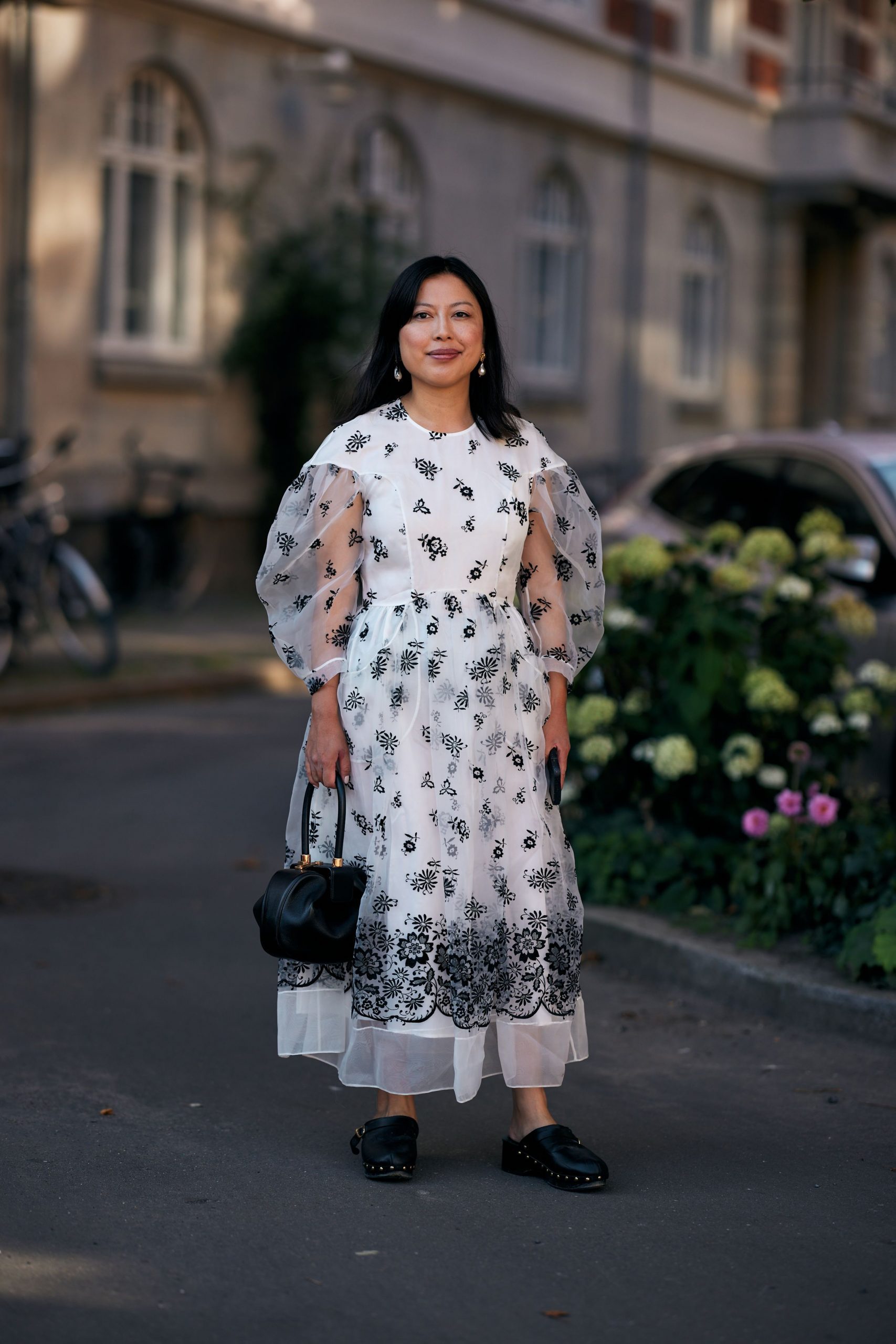 Embroidered Organza Dress Meets Black Studded Clogs — Clog Outfits