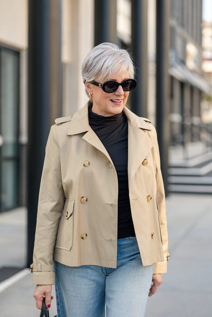 Beige Double-Breasted Jacket with Oval Sunglasses for Casual Outings — Oval Sunglasses Outfits