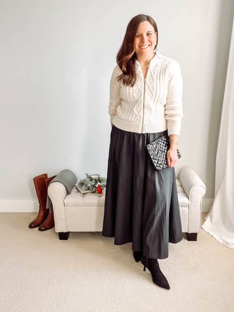 Faux Leather Pleated Maxi Skirt with Knit Cardigan — Long Skirt Outfits