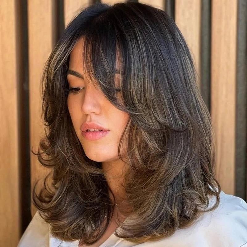 Dark Brown With Highlights Shoulder Length Blowout Wolf Cut — Wolf Cut for Straight Hair
