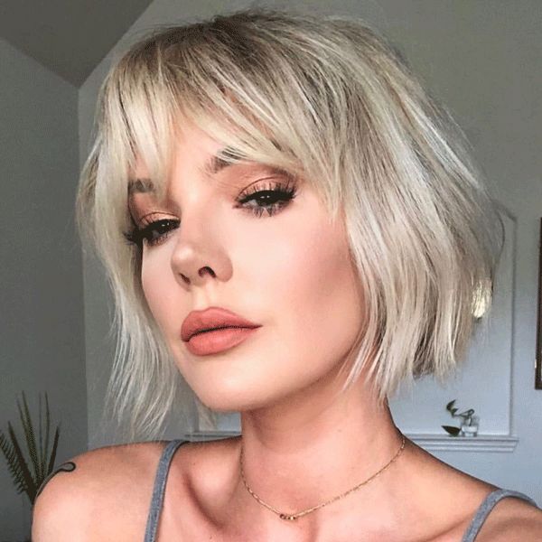Textured Ash Blonde Bob With Choppy Fringe Textured Ash Blonde Bob With Choppy Fringe — Bob with Curtain Bangs