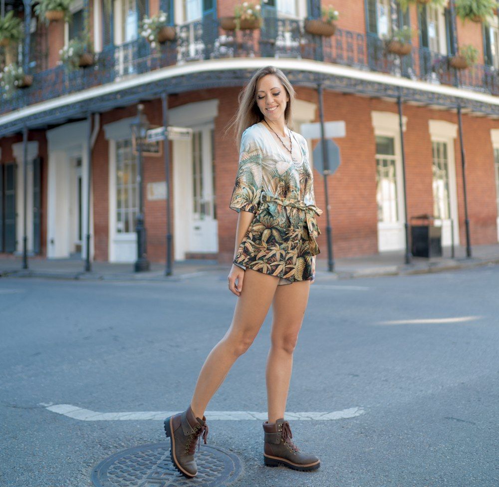 Tropical Print Romper with Hiking Boots for Exploration Tropical Print Romper with Hiking Boots for Exploration — New Orleans Outfits