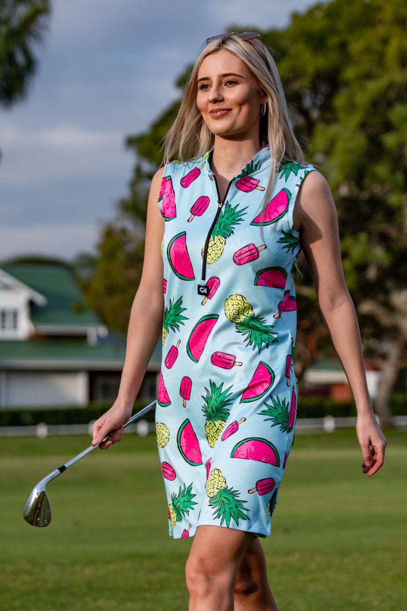 Light Blue Sleeveless Golf Dress with Tropical Print Light Blue Sleeveless Golf Dress with Tropical Print — Golf Dresses