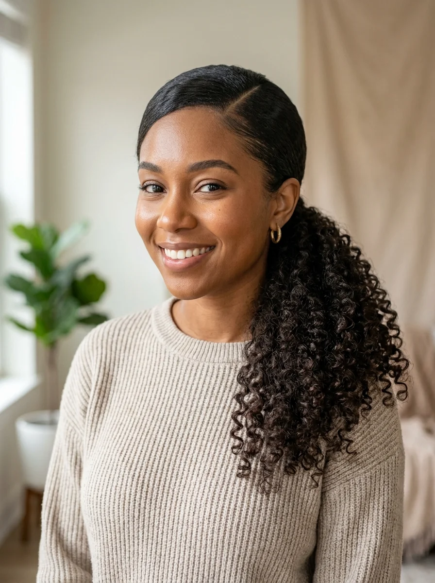 Collarbone Dark Brown Blowout Ponytail — Curly Ponytail