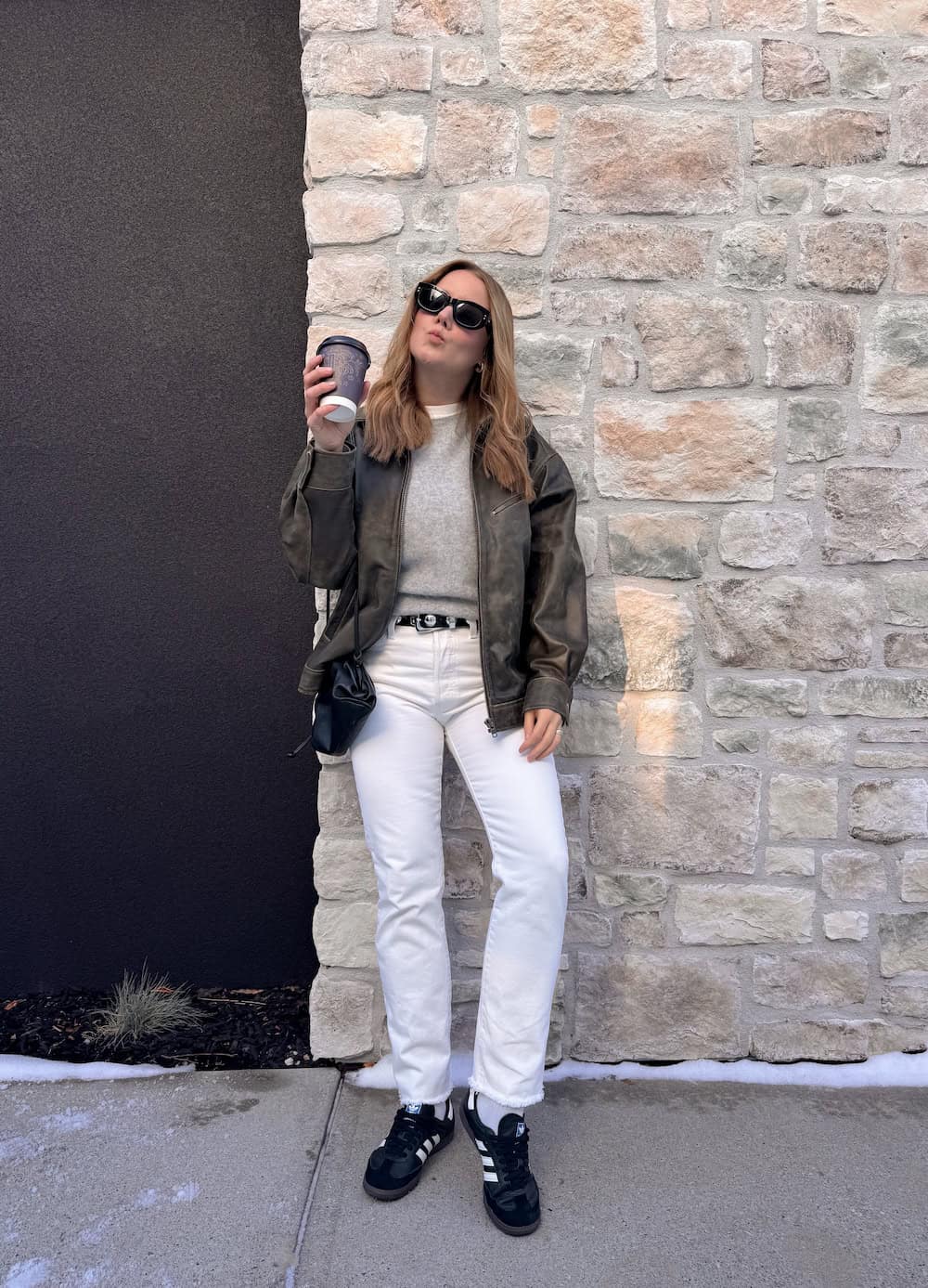 Edgy Casual: Leather Jacket with Grey Sweater and Jeans Edgy Casual: Leather Jacket with Grey Sweater and Jeans — Adidas Samba Outfits