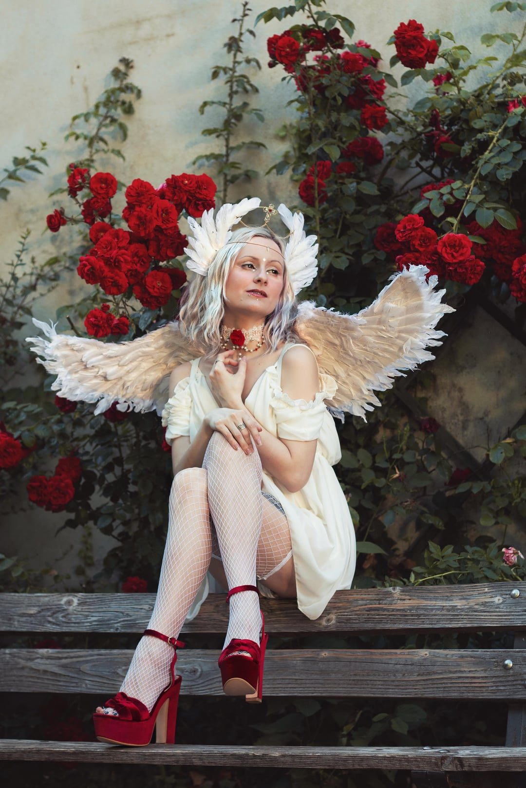 Dramatic Angelcore with Off-the-Shoulder Dress and Red Heels — Angelcore Outfits