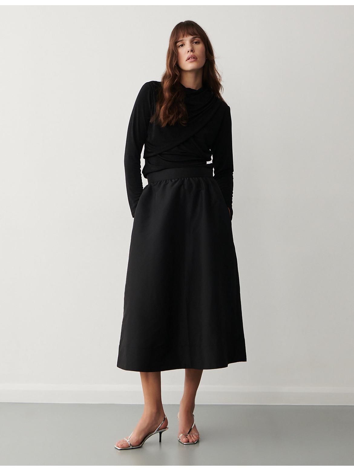Sleek Black A-Line Skirt with Draped Neckline Top Sleek Black A-Line Skirt with Draped Neckline Top — A Line Skirt Outfits