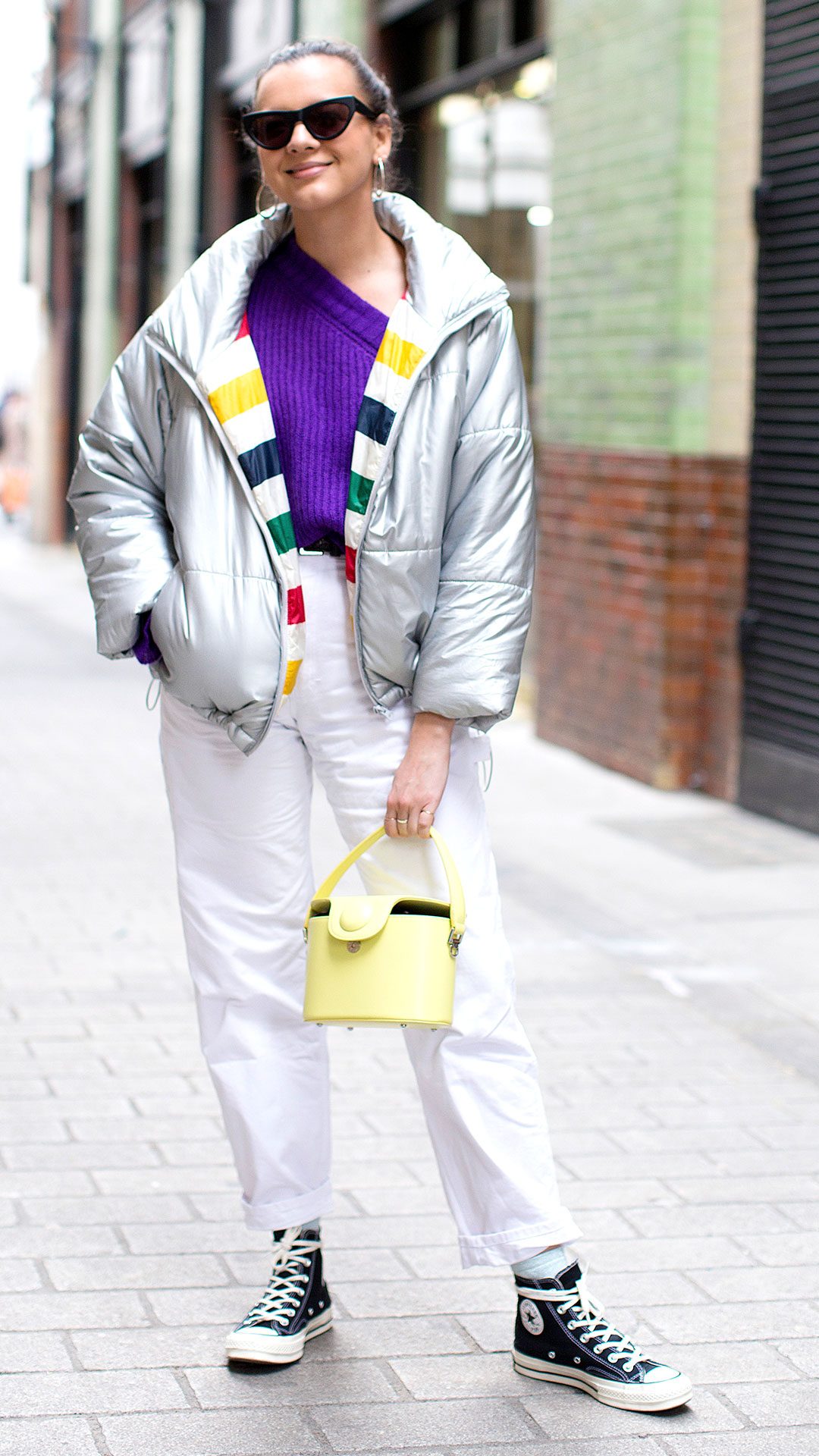 Bold Street Style: Black High-Tops with Silver Puffer Jacket — Converse Outfits