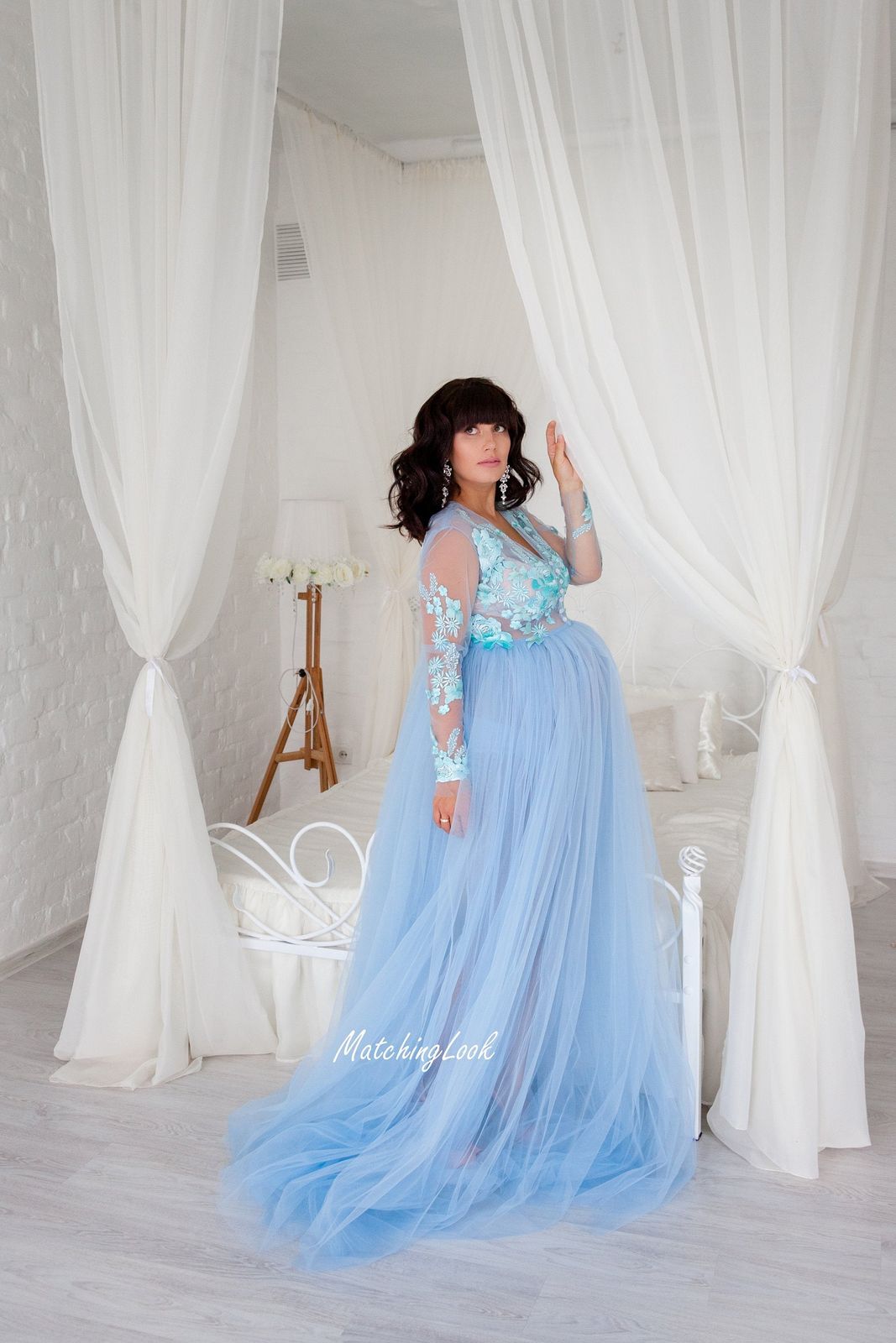 Light Blue Tulle Maternity Gown with Floral Applique Sleeves for an Enchanting Baby Shower Light Blue Tulle Maternity Gown with Floral Applique Sleeves for an Enchanting Baby Shower — Baby Shower Dresses