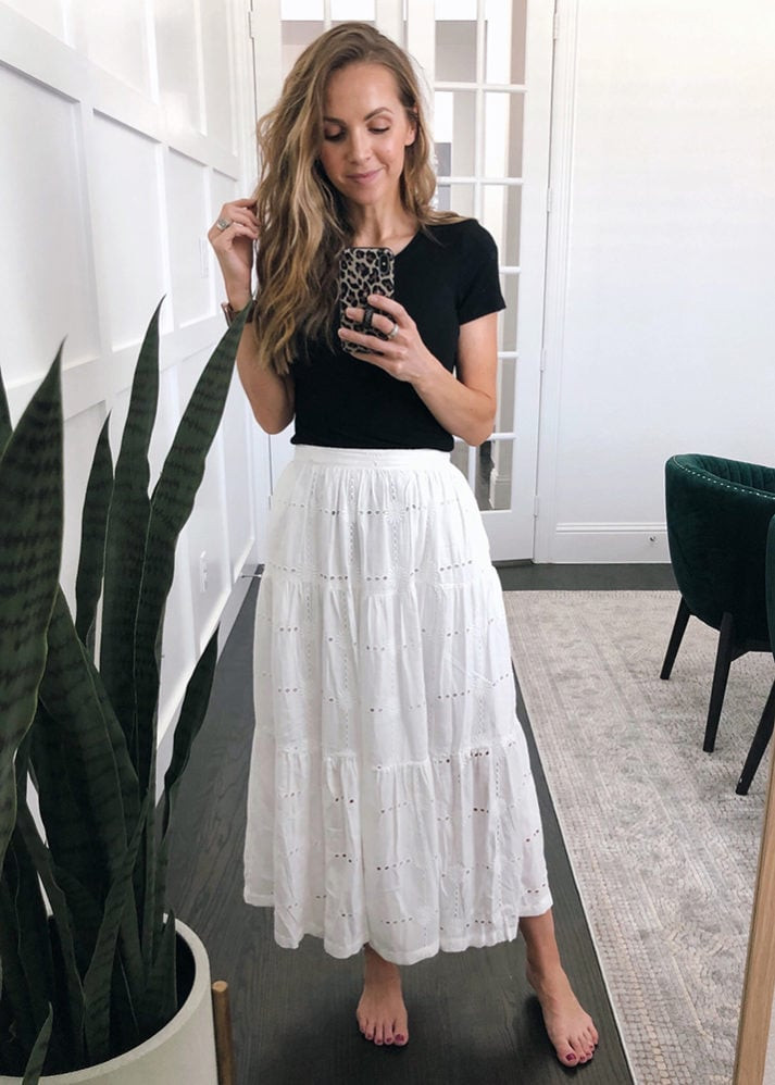 White Eyelet Tiered Midi Skirt with Simple Black Tee White Eyelet Tiered Midi Skirt with Simple Black Tee — Tiered Skirt Outfits