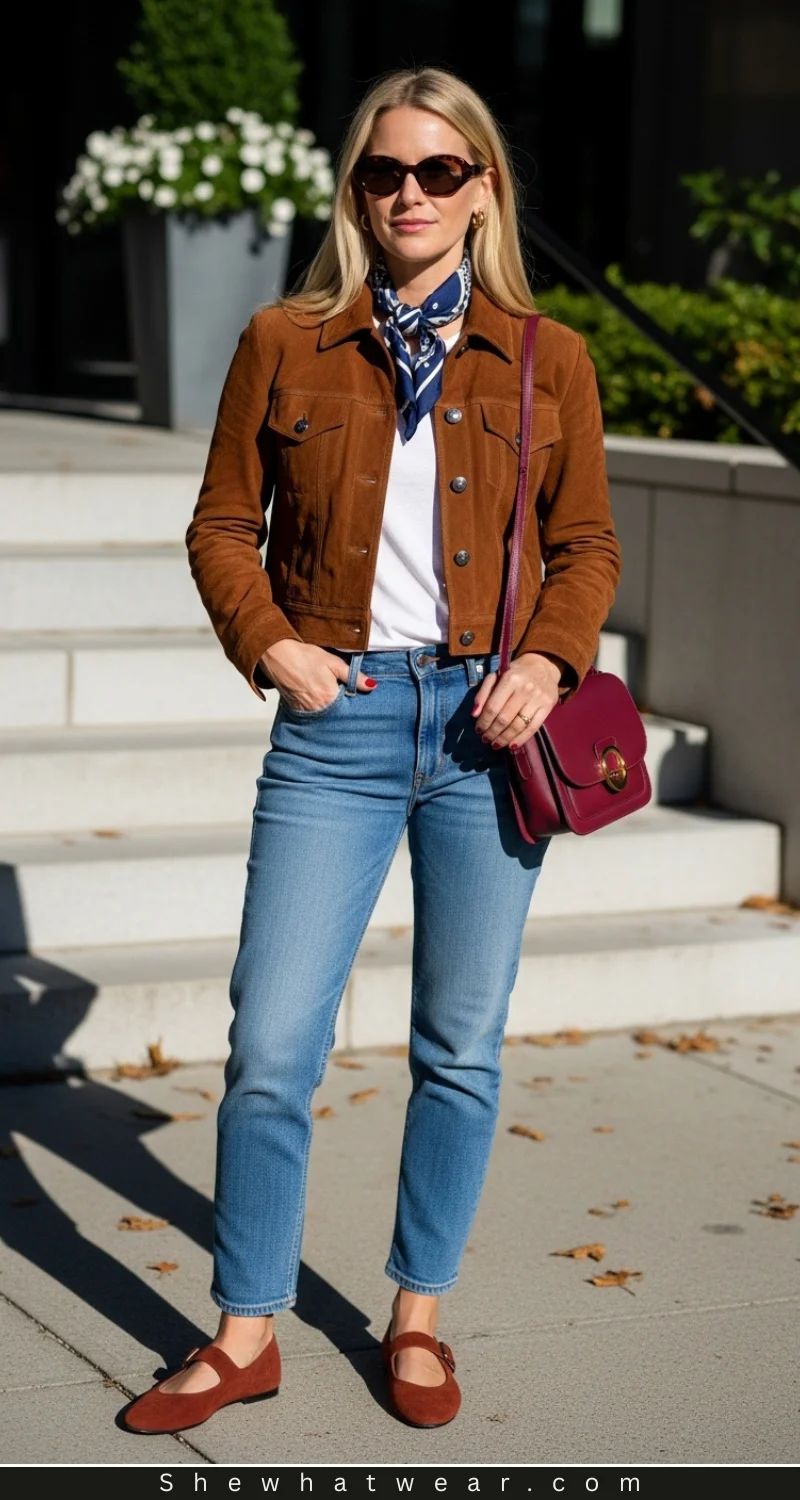 Suede Jacket and Neck Scarf for a Polished Casual Outing — San Francisco Outfits