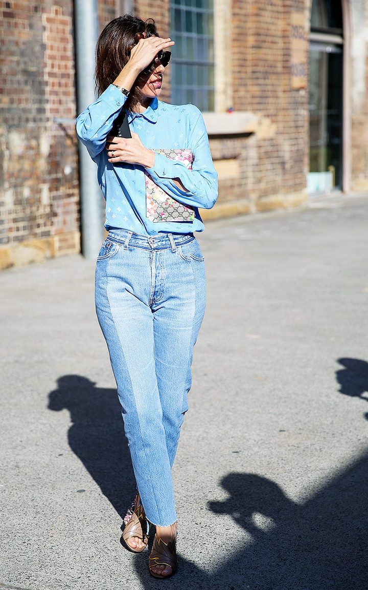 Straight-Leg Jeans with Contrasting Panels and Gold Flats — High Waisted Jeans