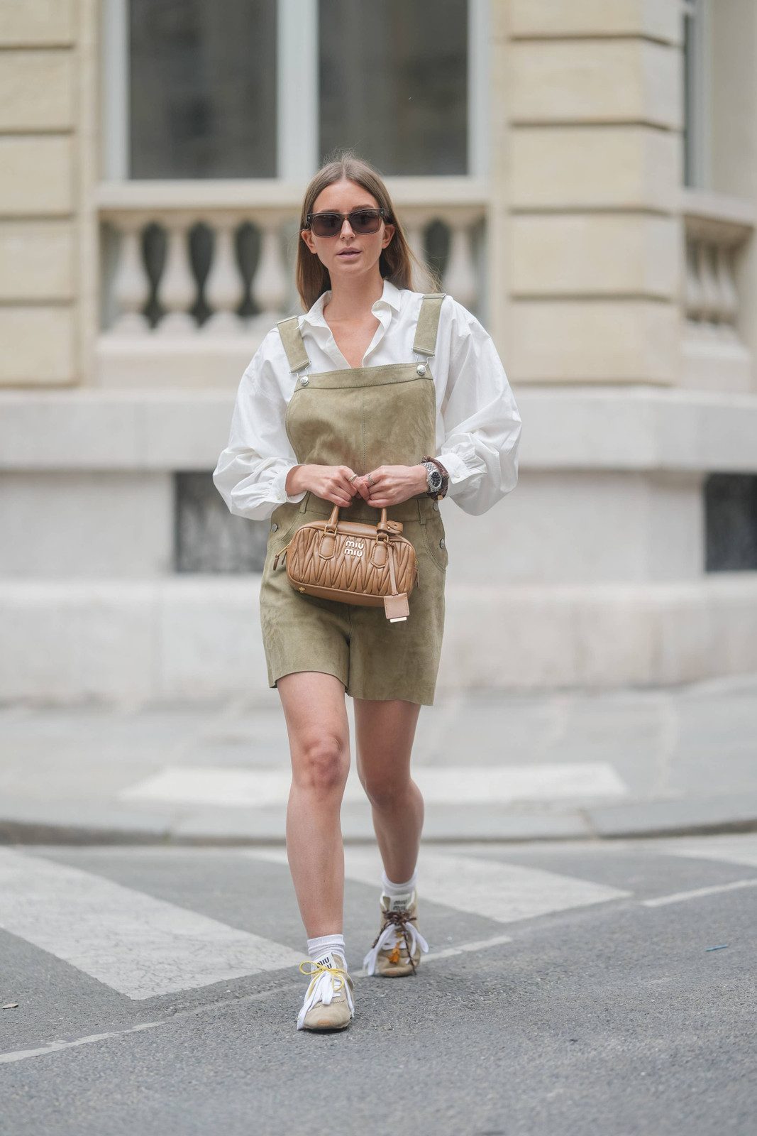Olive Suede Shortalls with Oversized White Button-Down and Sneakers Olive Suede Shortalls with Oversized White Button-Down and Sneakers — Overalls