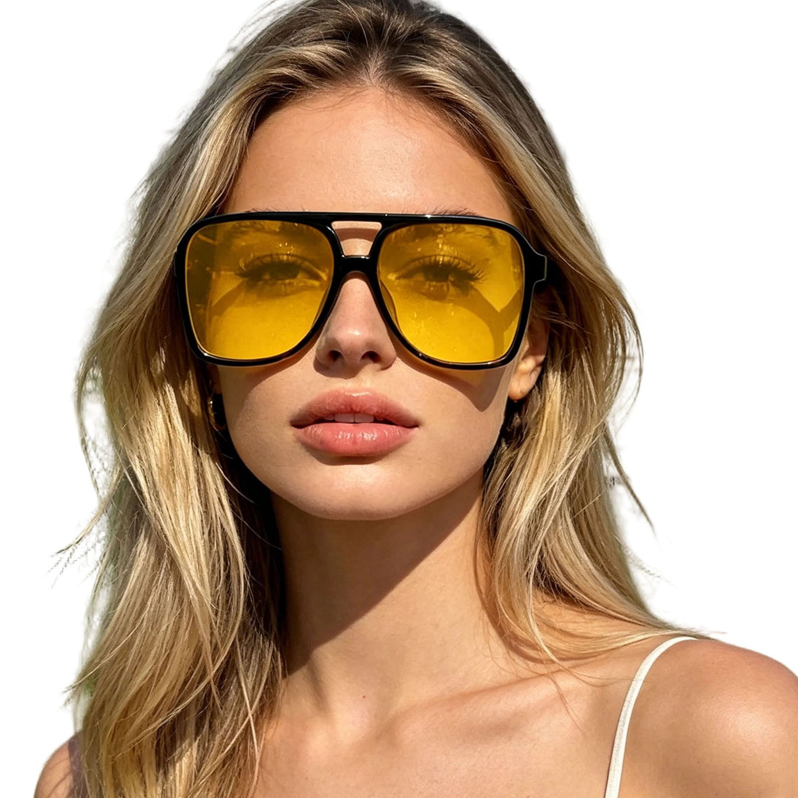 Vibrant Yellow Lenses with a White Camisole — Aviator Sunglasses Women