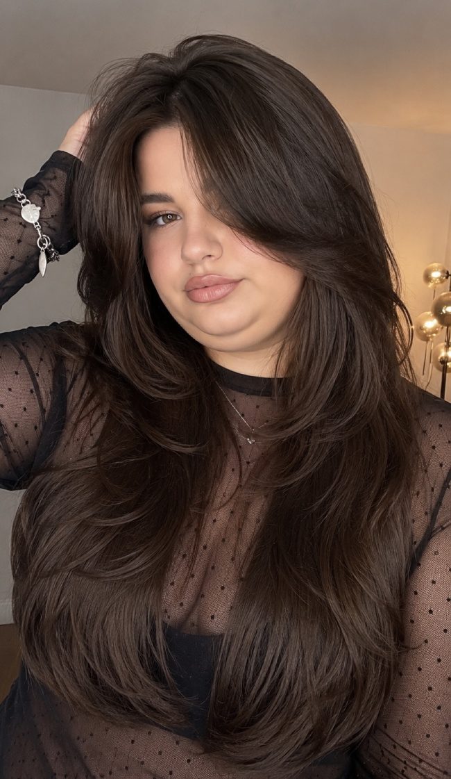 Face-Framing Layers Mid-Back Dark Brown Volume Waves — Blowout Hairstyles