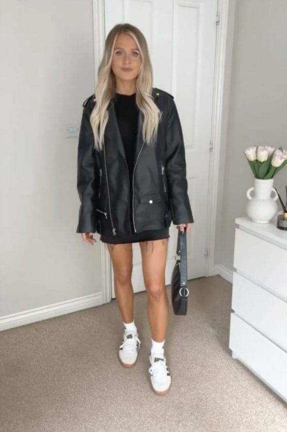 Edgy Casual: White Adidas Spezial with Mini Dress and Leather Jacket Edgy Casual: White Adidas Spezial with Mini Dress and Leather Jacket — Adidas Spezial Outfits