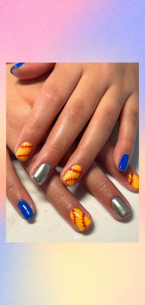 Silver and Blue Softball Pattern Nails — Softball Nails