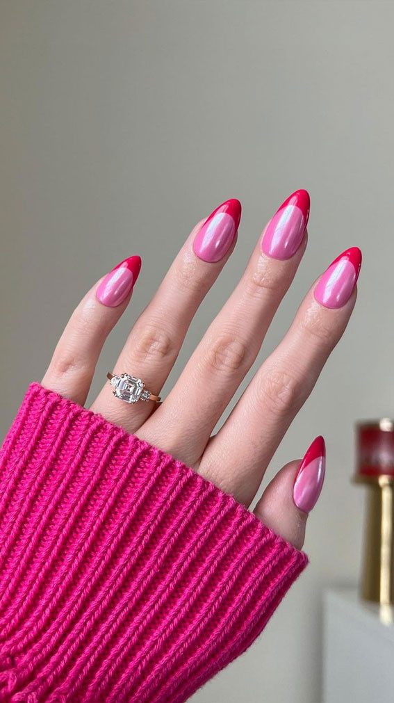 Bright Pink Pearlescent French Tips Bright Pink Pearlescent French Tips — Two Tone Nails