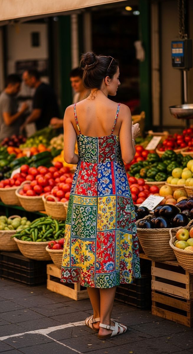 Vibrant Patchwork Dress for Market Visits — Barcelona Outfits