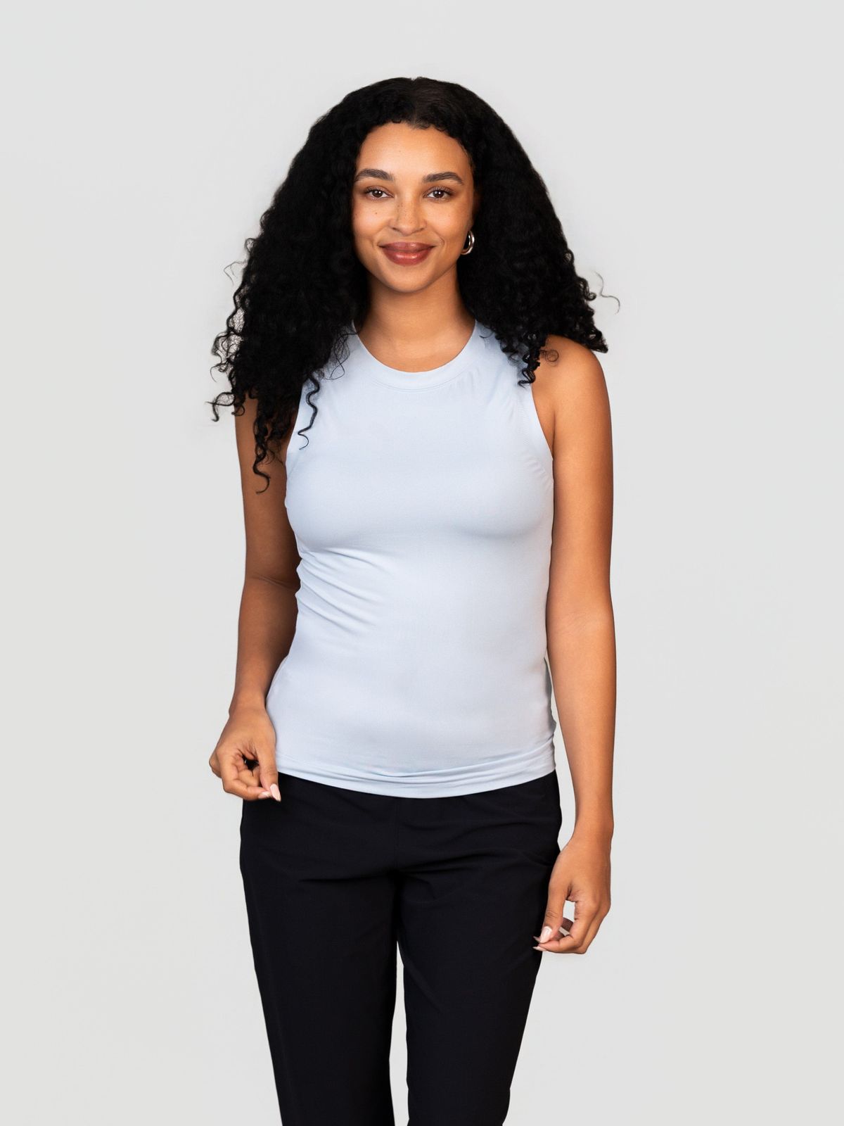 Versatile Athleisure: Light Blue Scoop Tank with Black Pants — Tank Tops