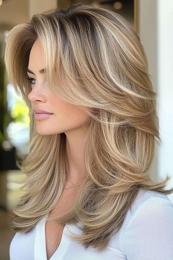 Blonde Layers with a Simple White Top Blonde Layers with a Simple White Top — Long Curtain Bangs