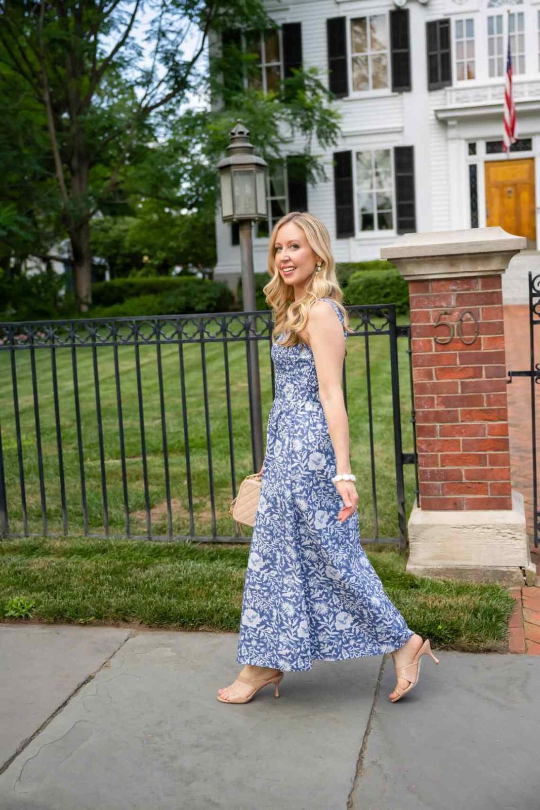 Blue Floral Midi Dress with Smocked Bodice and Nude Heels — Midi Dress Outfits