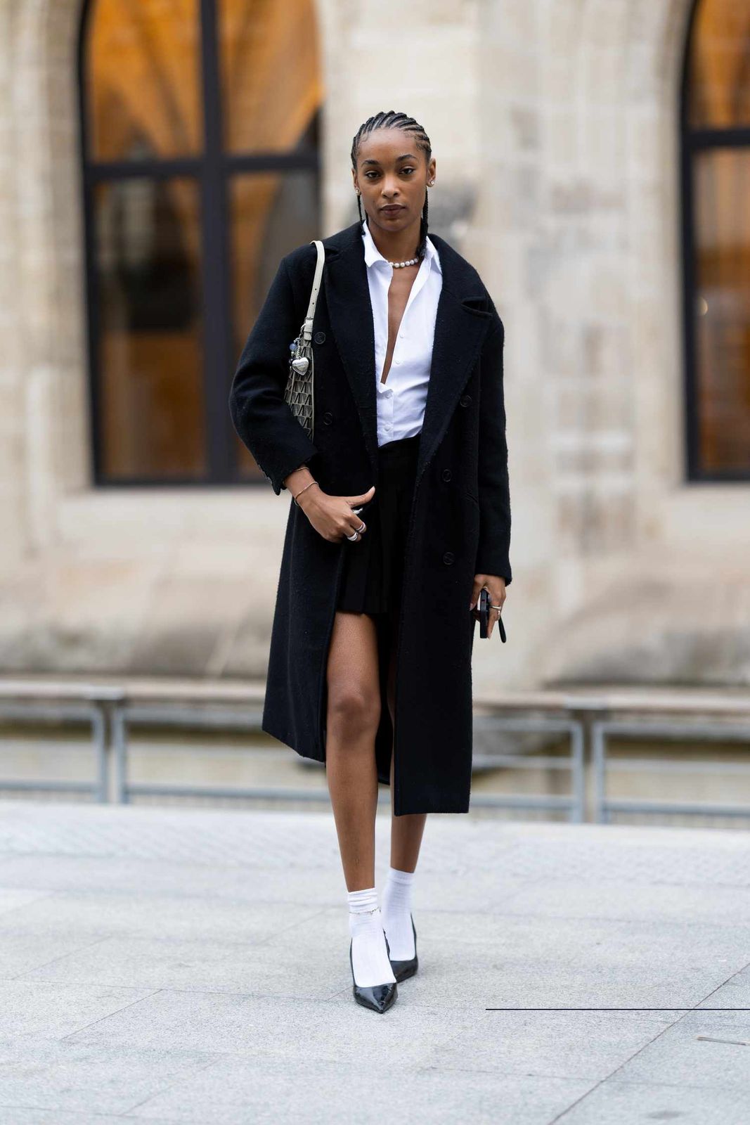 Chic Black Coat and Mini Skirt with Unexpected White Socks Chic Black Coat and Mini Skirt with Unexpected White Socks — Hostess Outfits