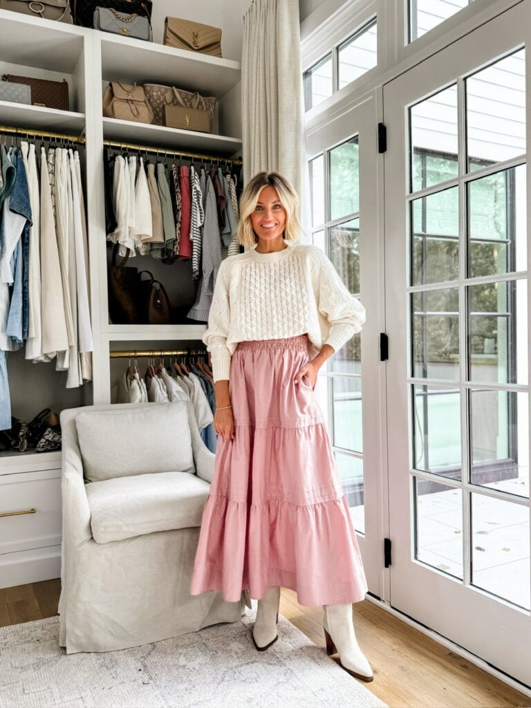 Cream Cable Knit Sweater with Pink Tiered Maxi Skirt — Anthropologie Outfits