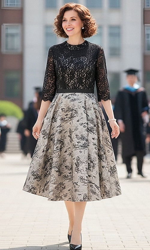 Lace Bodice and Printed Skirt Dress for a Chic Look Lace Bodice and Printed Skirt Dress for a Chic Look — Dresses to Hide Belly