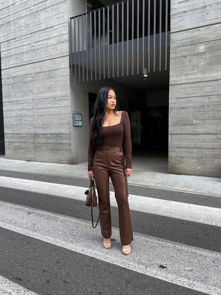 Brown Faux Leather Pants with Bodysuit for a Modern Look — Brown Outfits