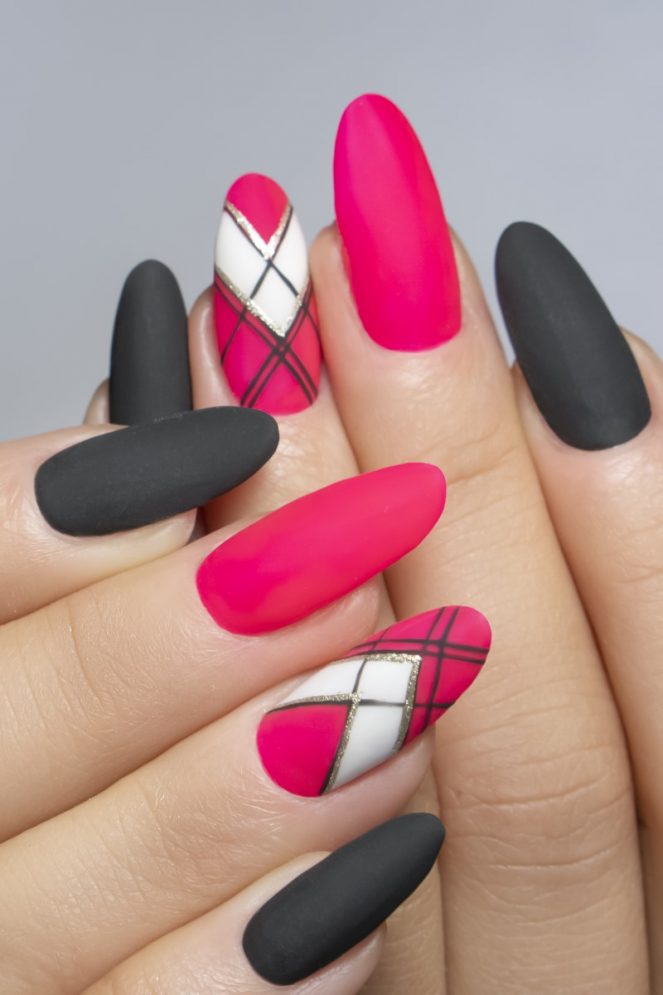 Hot Pink and Black Plaid Nails — Hot Pink Nails