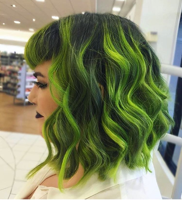 Dark And Lime Green Wavy Bob — Green Hair