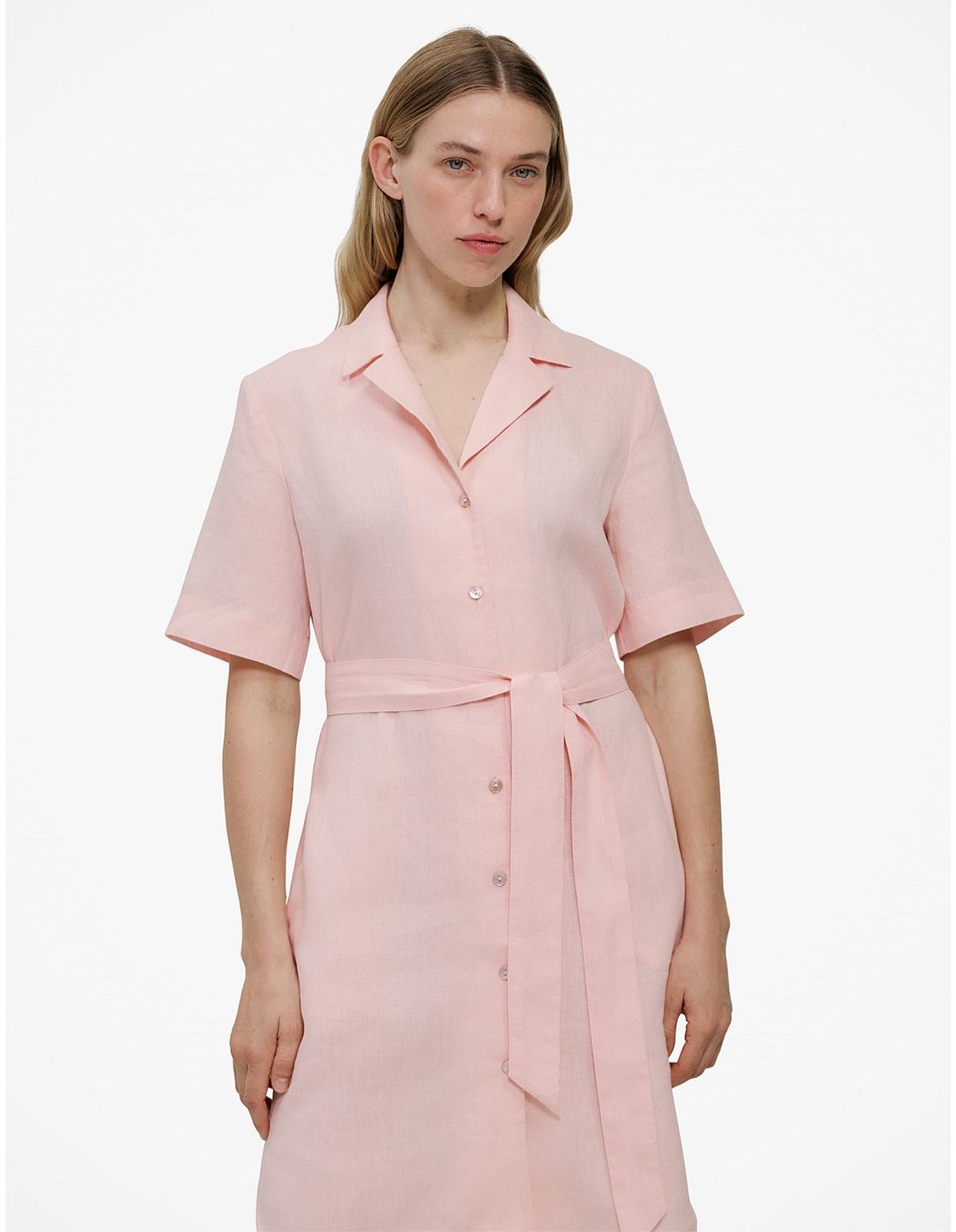 Pale Pink Linen Shirt Dress with Tie Belt Pale Pink Linen Shirt Dress with Tie Belt — Dresses for Broad Shoulders