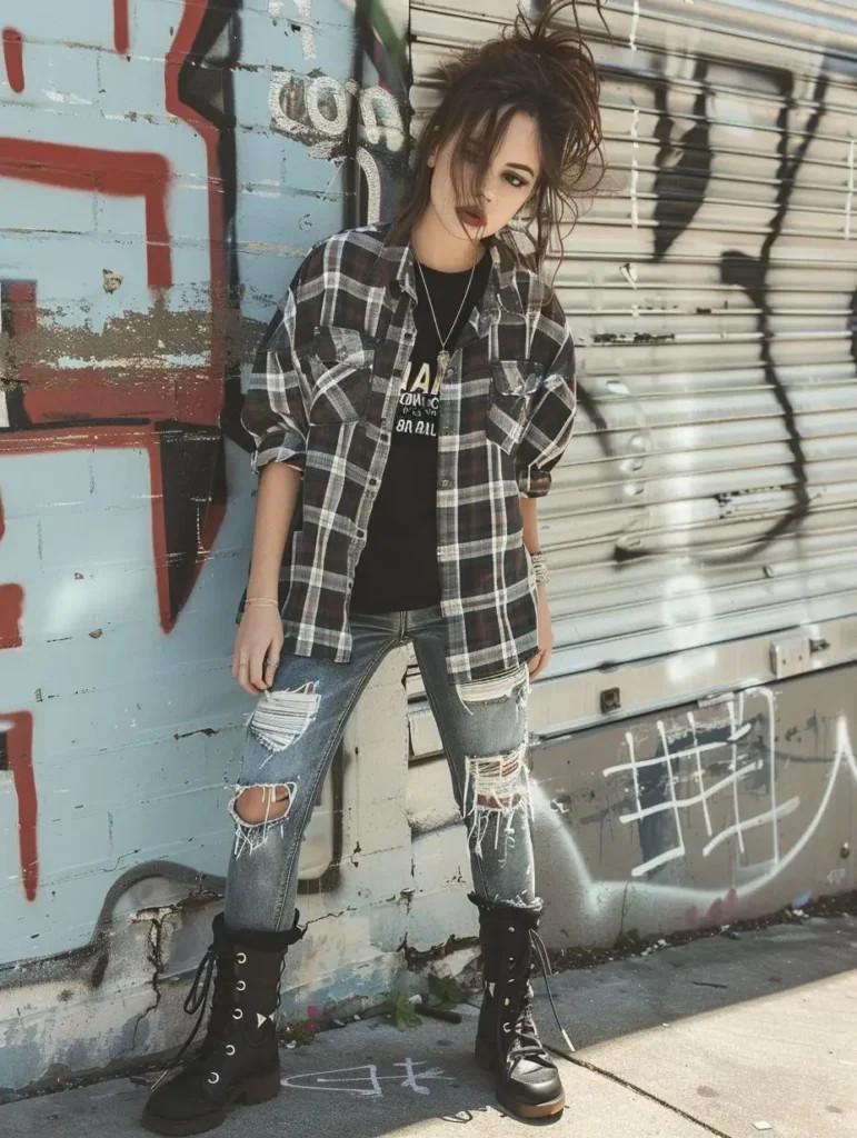 Oversized Plaid Shirt and Ripped Jeans for Classic Grunge Appeal Oversized Plaid Shirt and Ripped Jeans for Classic Grunge Appeal — Fairy Grunge Outfits