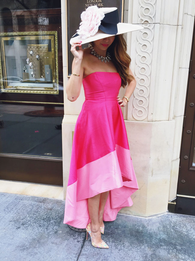 Hot Pink High-Low Dress with Oversized Floral Hat — Kentucky Derby Outfits