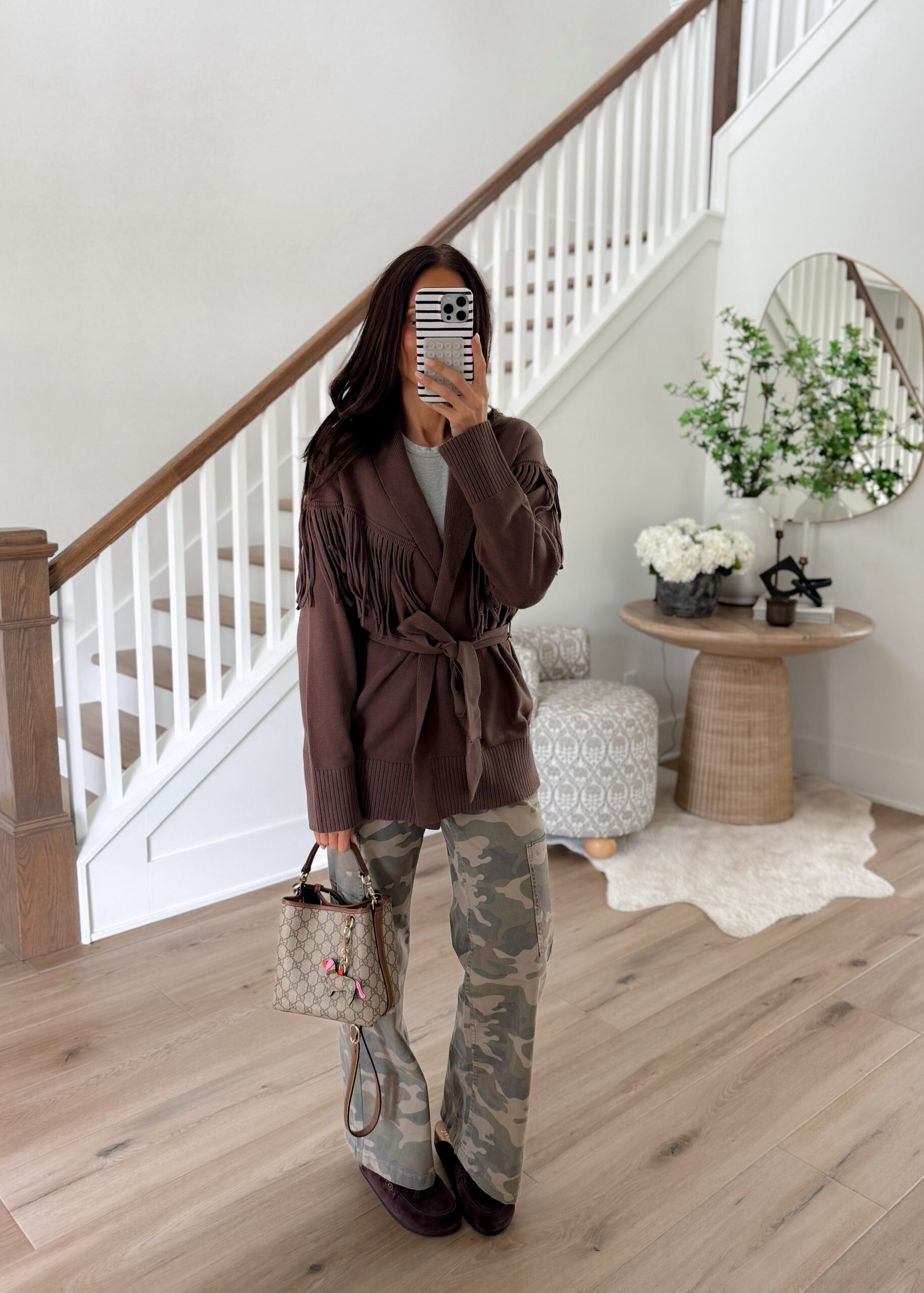 Wide-Leg Camo Pants with Fringed Cardigan and Loafers Wide-Leg Camo Pants with Fringed Cardigan and Loafers — Camo Outfits
