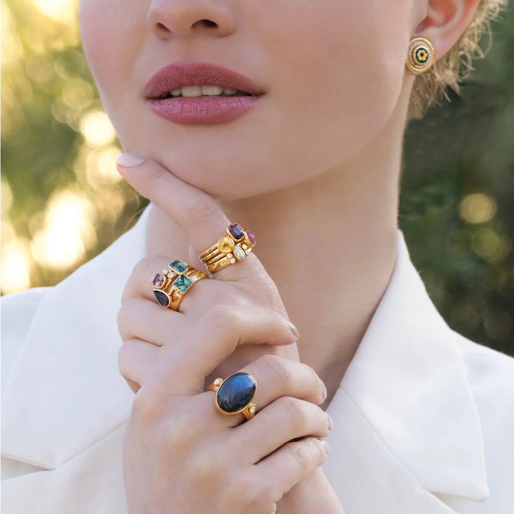 Gemstone Stack with a White Blazer Gemstone Stack with a White Blazer — Stacked Rings