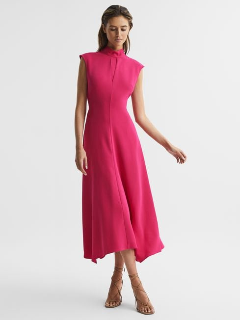 Vibrant Fuchsia Midi Dress with Tan Strappy Heels — Dressy Casual Outfits