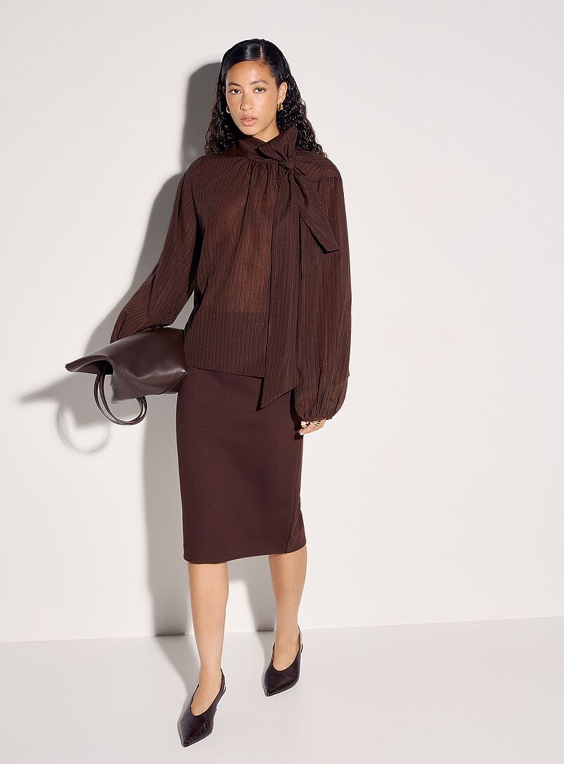 Brown Pencil Skirt with Voluminous Pussy-Bow Top Brown Pencil Skirt with Voluminous Pussy-Bow Top — Pencil Skirts