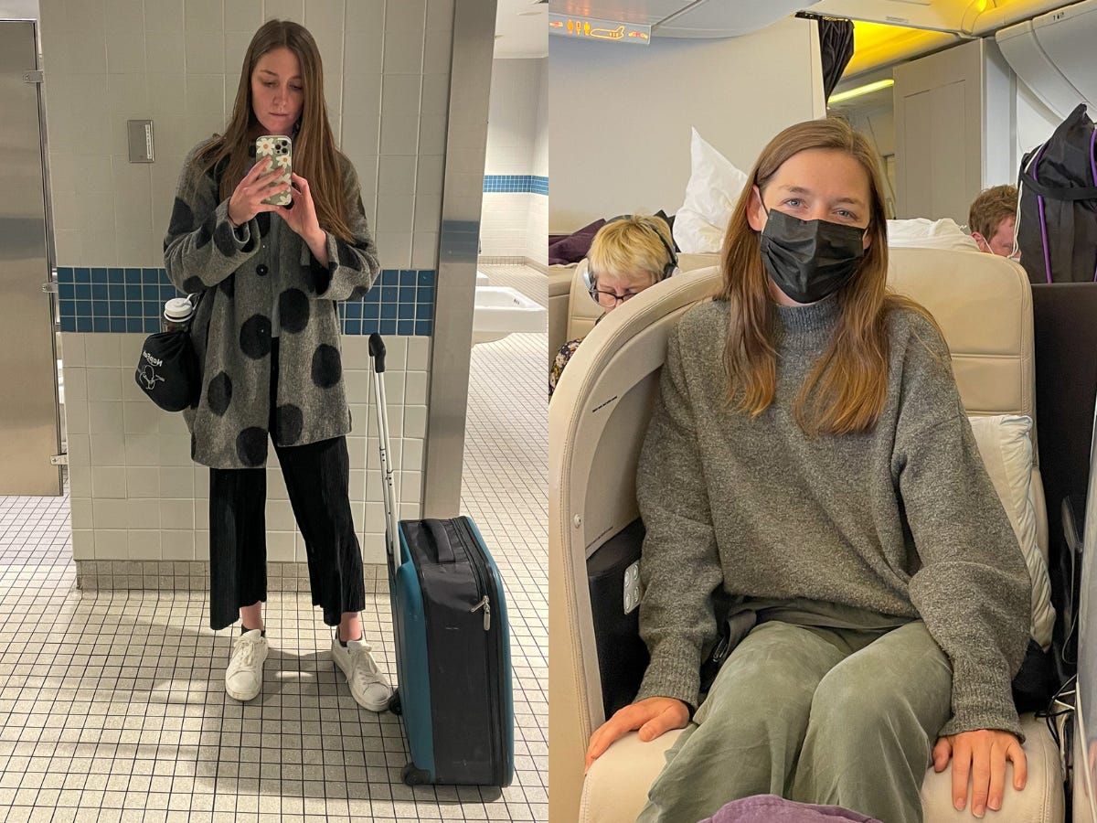 Polka Dot Coat Over Cropped Pants — Long Flight Outfits