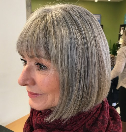 Salt and Pepper Bob with Bangs Salt and Pepper Bob with Bangs — Hair Color for Women Over 70