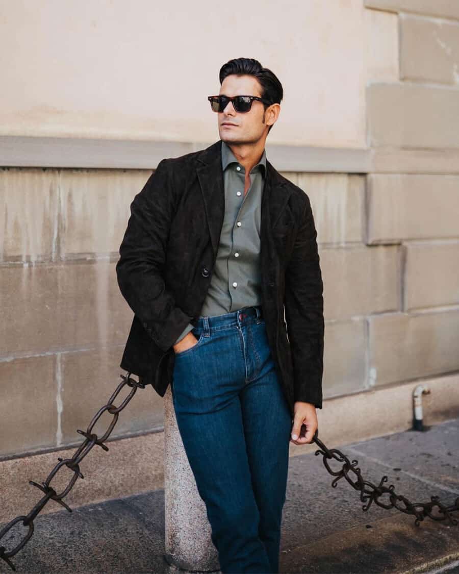 Timeless Smart Casual: Textured Blazer, Olive Shirt, and Jeans Timeless Smart Casual: Textured Blazer, Olive Shirt, and Jeans — Outfits for Men Over 40